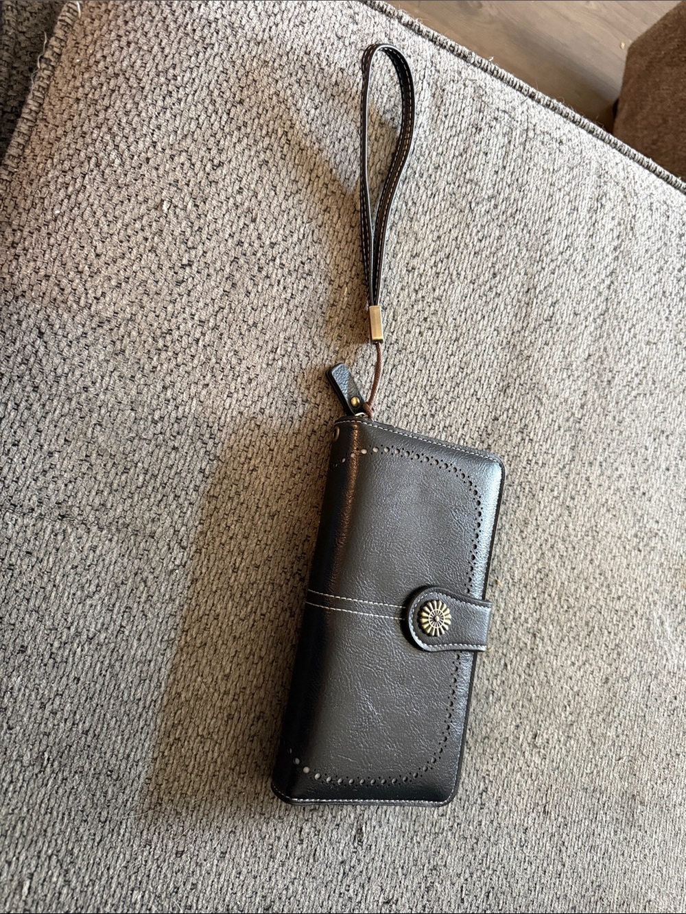 Black Leather Wristlet Phone Case with Decorative Snap